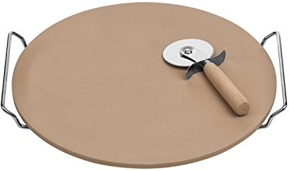 Premier Housewares Pizza Stone and Cutter Set with Stoneware Board/Chrome Stand, Natural, 4 x 35 x 33 cm, Set of 2