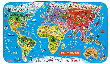 Janod J05503 Puzzle Magnetische Landkarte Die Welt aus Holz 92 Teile, Spanisch