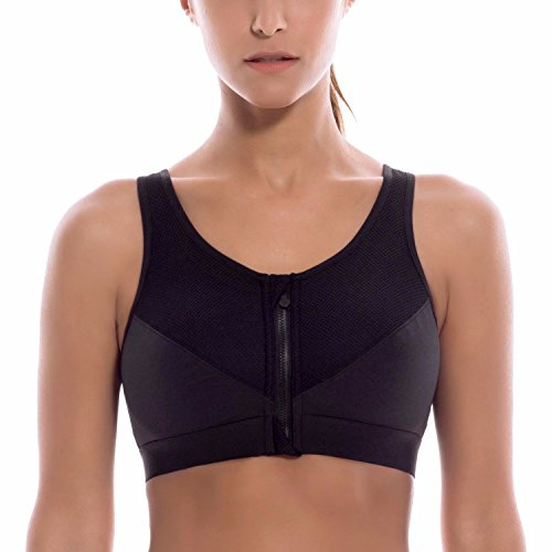 SYROKAN Women's Front Fastening Zipper Sports Bra Black 32C