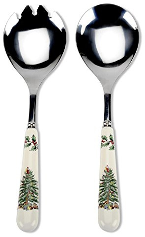 Spode Christmas Tree Salad Server Set (2-Piece) - 10 Inch Stainless Steel with Porcelain Handles, Festive Flatware for Holiday Dining - Dishwasher Safe, Seasonal Entertaining & Gift-Giving