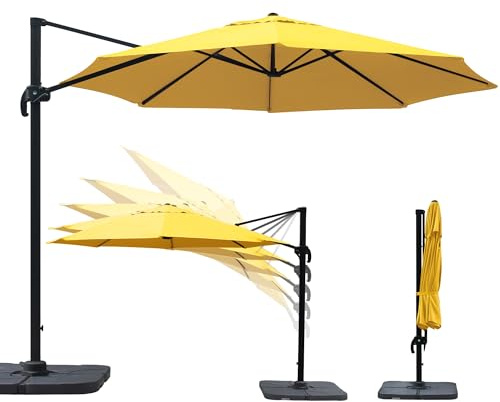 paramondo parapenda Sonnenschirm Ampelschirm aus 230 g/㎡ Polyesterfaser, Rund, Ø 3,5 m, 360° Schwenkbar, Kurbelbedienung, Gelb, Stahl-Standkreuz und Gestell in Anthrazit, 20.6kg