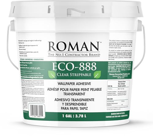 ROMAN’s ECO-888 Clear, Strippable, Wallpaper Adhesive, Easy Installation Glue/Paste, Clear, Zero VOC, Home Improvement (1 Gallon - 330 sq. ft.)