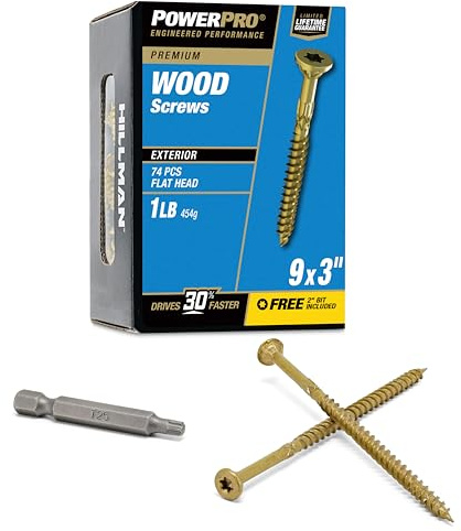 Power Pro 48600 Wood Screws, #9 x 3, Premium Outdoor Deck Screws, Rust Resistant, Epoxy Coated Bronze, 1lb Box, 83 pcs