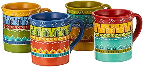 Valencia Mugs Set of 4 – 16 oz Colorful Ceramic Coffee Cups with Bold Multicolor Patterns, Microwave & Dishwasher Safe, Boho Kitchen Drinkware for Tea, Cocoa & More