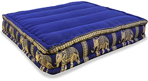 livasia Sitzkissen Boden Thaiseide - 50x50x10cm - Bodenkissen Indoor/Outdoor, Meditationskissen Yogakissen, Stuhlauflage Palettenmöbel, Steppkissen Bank handgefertigt (Blau/Elefanten Seide)