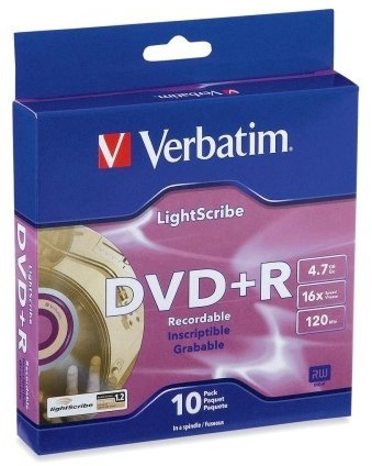 Verbatim LightScribe 10pk DVD+R Blank Media - Laser Etch Prints Direct To Disc (95116) - 4.7GB//120min