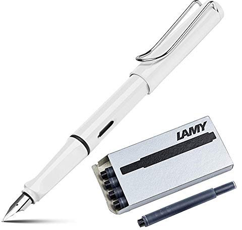 Lamy Safari Fountain Pen (19M) White & 5 Black Ink Cartridges