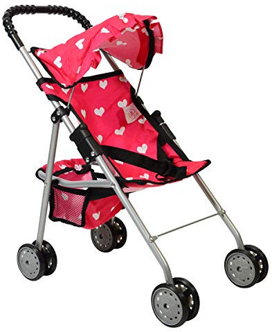The New York Doll Collection My First Doll Stroller with Basket - Baby Doll Pushchair Heart Design Foldable Dolls Pram , Toy Dolls Buggy for 18 Inch Dolls , Pink