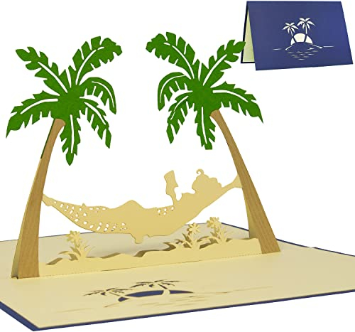 LIN17253, POP UP Karte, 3D Grußkarten, Glückwunsch Reise Urlaub Ruhestand Gute Besserung Palmen Hängematte, N121