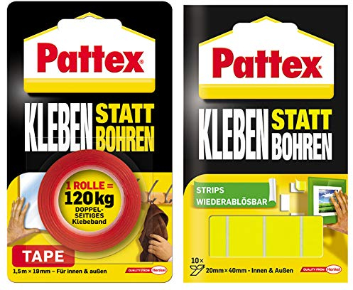 Pattex Kleben statt Bohren/Kombi-Spar-Set (1 x Klebeband + 1 x Klebe-Strips)