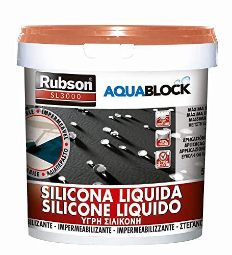 Rubson Aquablock SL3000 Silicona Líquida, impermeabilizante líquido para prevenir y reparar goteras y humedades, silicona elástica con tecnología Silicotec, 1 x 5 kg