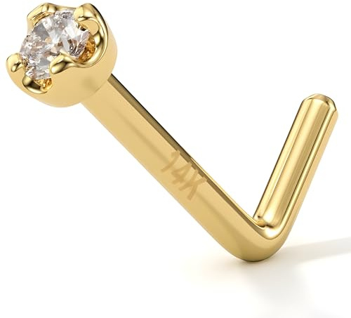 Body Candy 14k Gold L-Shaped Nose Ring with 1.5mm Diamond (0.015 cttw), Hypoallergenic Nose Jewelry - Handmade in USA, 20 Gauge 1/4 inch at Bend