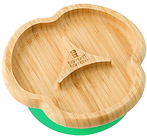 bamboo bamboo Plato Para Bebé Y Niño Pequeño, Plato Dividido De Bambú Con Succión Segura Para Alimentación Y Destete, Vajilla Antideslizante Para Bebés Desde 6 Meses (Dividido, Verde)