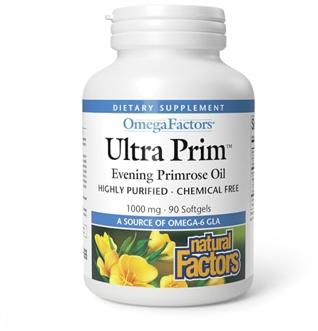 Natural Factors Omega Factors Ultra Prim Evening Primrose Oil 1,000 mg - Women's Health Supplement for Menopause & PMS Support - Non-GMO, Gluten-Free & Dairy-Free - 90 Softgels (90 Servings)