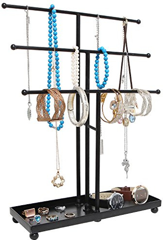 MyGift Modern Jewelry Organizer, 3 Tier Black Metal Tabletop Bracelet and Necklace Jewelry Storage Display Tree Rack with Base Ring Tray