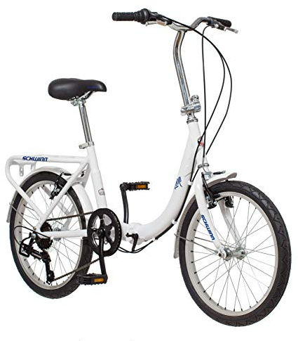 Schwinn Loop Adult Folding Bike for Men and Women, 20-inch Wheels, 7-Speed Drivetrain, Rear Cargo Rack, Carrying Bag, White