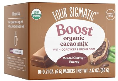 FOUR SIGMATIC Mushroom Cacao Mix | Organic Instant Cacao with Cordyceps, Ginger & Coconut | Supports Performance & Energy | Drink it or Bake with it | Vegan, Gluten-Free, Dairy-Free | 10 Count