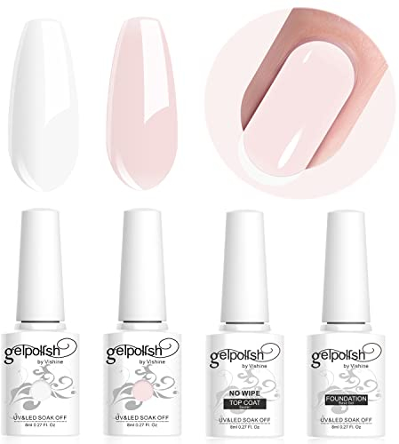 Vishine Lot de Vernis Gel Semi-permanent et Base Top Coat pour French Manucure Gel UV/LED Soak Off Nail Art French Blanc, Rosé 4pcs 8ml Kit