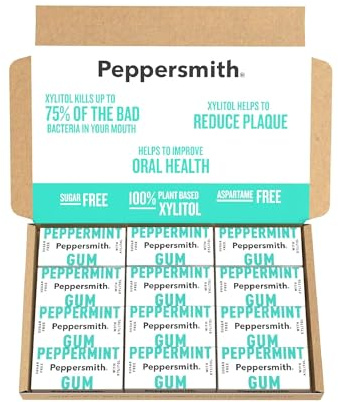 Peppersmith - British Peppermint Chewing Gum - Vegan Friendly - 100% Xylitol Plant Based Sweetener - Fresh Breath - Sugar Free Gum - Benefits Oral Health - Pocket Packs - 12x15g