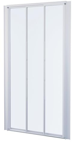 ONDÉE - Porte de douche MISSI, Façade coulissante 3 volets. 90x185cm - Epaisseur 4mm - Installation réversible - Profilé aluminium blanc (-25/+5mm) - Verre trempé sérigraphié 3 bandes blanches