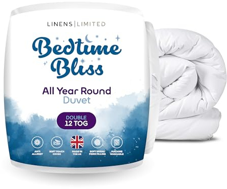 Linens Limited - Double Duvet 12 Tog, Made in the UK, Bedtime Bliss, All Year Round Quilt, Soft and Comfy, Hollowfibre, Machine Washable (White)