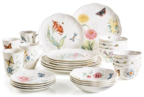 Lenox Dinnerware Set, Butterfly Meadow 28-Piece Set, Service For 4, Porcelain Plates With Scalloped Edges, Plates And Bowls Sets, Microwave Safe, Dishwasher Safe, Home & Kitchen (28 Piece, Assorted)