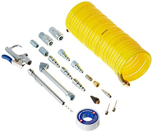 CAMPBELL HAUSFELD Air Compressor Accessory Kit, 20pc with Recoil Air Hose, Quick Connect Couplers, Blow Gun, PTFE Thread-Sealing Tape, Tire Gauge - Essential Air Compressor Hose Set