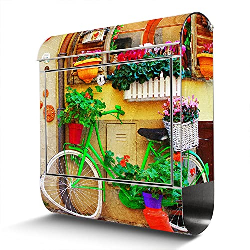 banjado® Briefkasten Edelstahl mit Motiv Grünes Fahrrad 38x43x12cm & 2 Schlüssel - rostfreier Edelstahl Briefkasten mit Zeitungsfach - Postkasten A4 Einwurf inkl. Montagematerial