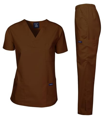 Dagacci Scrubs Medical Uniform Women and Man Scrubs Set Medical Scrubs Top and Pants, Brown, 5X-Large