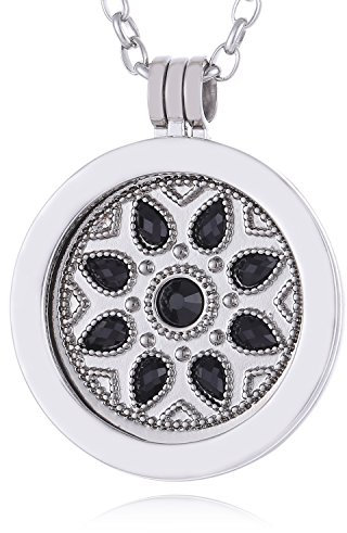 Morella Damen Halskette 70 cm Edelstahl mit Amulett und Coin 33 mm Blumenornament Silber schwarz in Schmuckbeutel