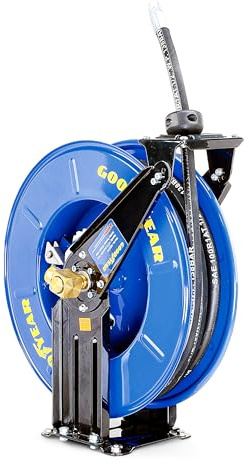 Goodyear Oil Hose Reel Retractable 1/2 Inch x 50' Foot Long Premium Commercial SAE 100R1AT Hose Max 2320 Psi Steel Construction Elite Heavy Duty Industrial Spring Driven Dual Arm and Pedestal