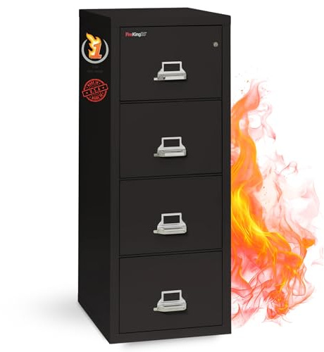 FireKing Fireproof Vertical File Cabinet (4 Letter Sized Drawers, Impact Resistant, Waterproof), 52.25 H Black, 18 W x 25 D, (41825CBL)