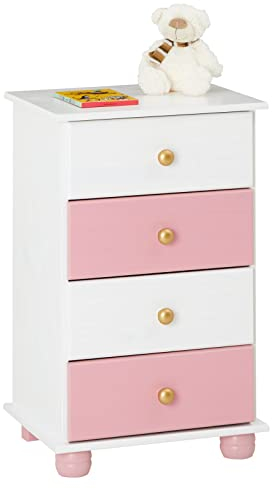Kommode Isabella, süße Nachtkommode aus Kiefer, praktischer Nachttisch in weiß/rosa, schöne Nachtkonsole mit 4 Schubladen