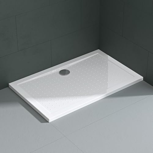 Mai & Mai Plato de Ducha 75x100x4 cm Antideslizante – Acrílico Blanco, Rectangular con Válvula de Desagüe AL01, Instalación a Ras de Suelo o Sobresuelo Lucia02