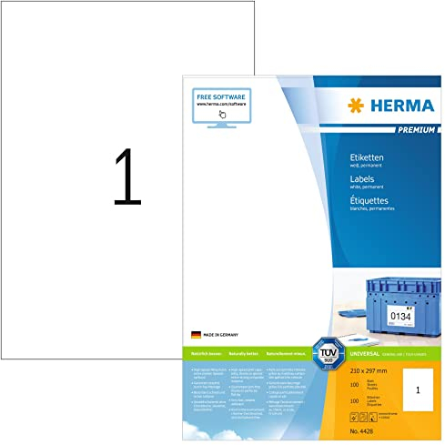HERMA 4428 Universal Etiketten, 100 Blatt, 210 x 297 mm, 1 pro A4 Bogen, 100 Stück, selbstklebend, bedruckbar, matt, blanko Papier Klebeetiketten Aufkleber, weiß