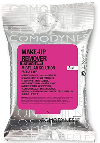 Comodynes - Make-up entferner Sensitive Skin Reinigungstücher, Sanfte Reinigung für empfindliche Haut, 3-in-1-Effekt, Hypoallergen - Packung mit 20 Tüchern