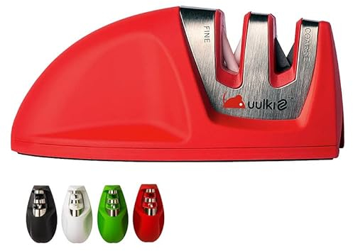 UULKI | Messerschärfer mit rutschfester Gummibasis und Gummibeschichtung | | Scherenschärfer mit 2 Stufen | passt in jede Schublade | Rot