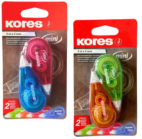 Kores - Mouse Correction Tape - Mini Metallic Style, Roll On Correction, Tape Roller, Instant Correction, 5m x 4,2mm - Back to School Supplies, Strong Correction Tape - Pack of 2 in Assorted Colours
