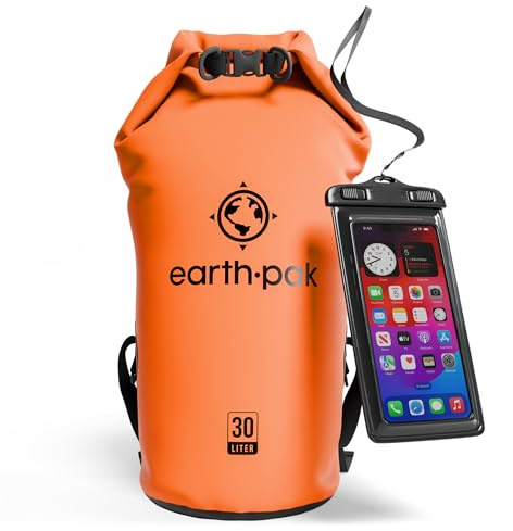 Earth Pak -Waterproof Dry Bag - Roll Top Dry Sack Keeps Gear Dry for Boating, Hiking, Camping and Fishing with Waterproof Phone Case (Orange, 10L)