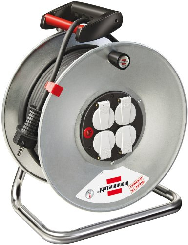 Brennenstuhl Garant S 4 E enrollacables de 25 m y 4 tomas de corriente (cuerpo del tambor de chapa de acero, alargador 25 m, uso en interiores, Made in Germany)