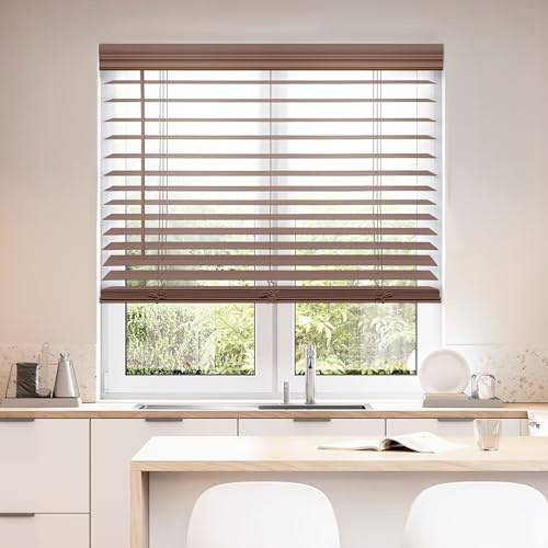 DEZ FURNISHINGS Cordless 2 Faux Wood Blind, 51.5 W x 48 H, Dark Oak