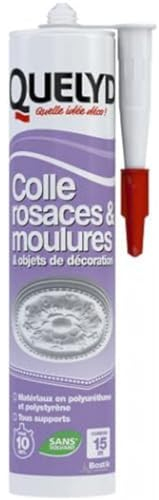 Quelyd Colle Rosaces, Moulures et Objets de Décoration - Pour Polyuréthane et Polystyrène - Tous Supports - Prise Rapide 10 Secondes - Blanc - 1 Cartouche 310 ml