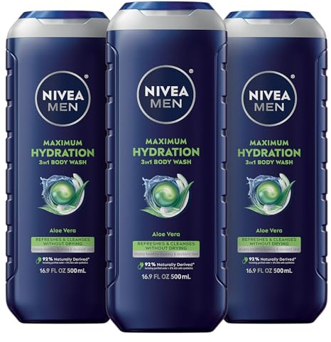 NIVEA MEN Maximum Hydration Body Wash for Dry Skin, Aloe Vera Enriched, 3-in-1 Moisturizing Body Wash, Face and Hair, Paraben Free, Vegan Formula, 16.9 Fl Oz Bottle, Pack of 3