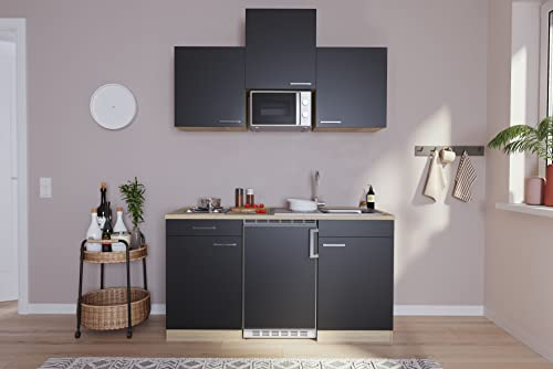 respekta KB150ESSMI enkel minikök pentry, köksblock, 150 cm, ek jagare, svart med mikrovågsugn