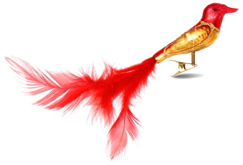 Sikora Christbaumschmuck Glas Ornament/Clip Vogel mit Federn rot Gold - L:10cm
