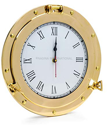 Nagina International Premium Nautical Brass Porthole Clock | Pirate Ship's Elegant Metal Roman Dial Face Wall Clock | Home Decorative Gifts (6 Inches)