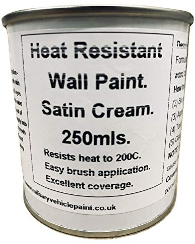 1 x 250ml Satin Cream Heat Resistant Wall Paint. Wood Burner Stove Alcove. Brick, concrete, plaster, cement board, rendering, metal, timber etc.