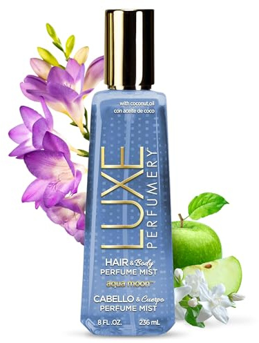 Luxe Perfumery Aqua Moon Hair & Body Perfume Mist – Fruity Floral Musk with Green Apple, Jasmine & Freesia – Hydrating Coconut Oil & Glycerin, Lightweight Daily Mist for Women, 8 Fl Oz