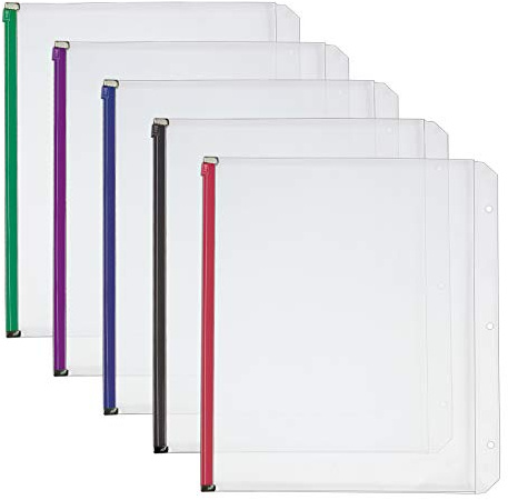 Cardinal Lot de 5 pochettes en plastique à fermeture éclair avec 3 trous perforés pour feuilles de 21,6 x 27,9 cm Transparent avec fermetures éclair multicolores