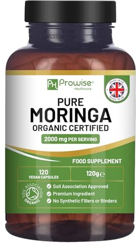 Organic Moringa 2000mg per Serving 120 Vegan Capsules | Moringa Oleifera Leaf Supplement | 100% Natural Soil Association Organic Certified | No Synthetic Binders or Fillers by Prowise
